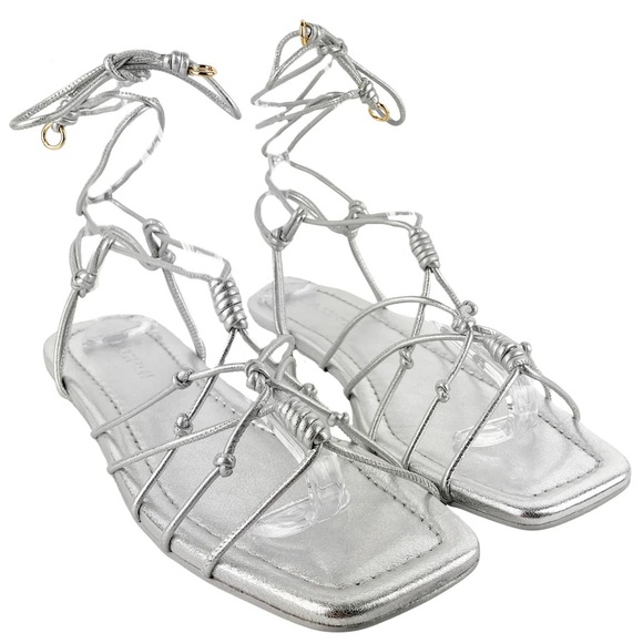 ULLA JOHNSON FREYA GLADIATOR FLAT IN METALLIC SILVER STRAPPY SANDALS W9 NIB